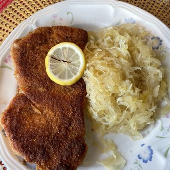 German Cafe - Schnitzel Wiener Art with Sauerkraut - German Near Me - French Lick, Indiana German Cafe - Schnitzel Wiener Art with Sauerkraut - German Near Me - French Lick, Indiana