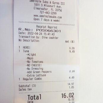 Seminole Subs & Gyros - I deleted 3 items, substituted 1 item and got charged .99 cents extra for the substitution!!! - Sandwiches Near Me - Clearwater, Florida Seminole Subs & Gyros - I deleted 3 items, substituted 1 item and got charged .99 cents extra for the substitution!!! - Sandwiches Near Me - Clearwater, Florida