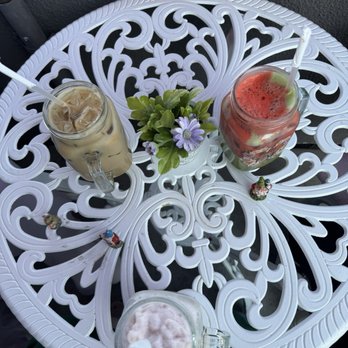 Apartment Cafe - Lavender iced coffee (left) strawberry horchata (middle) rose matcha (right) - Coffee & Tea Near Me - Rancho Cucamonga, California