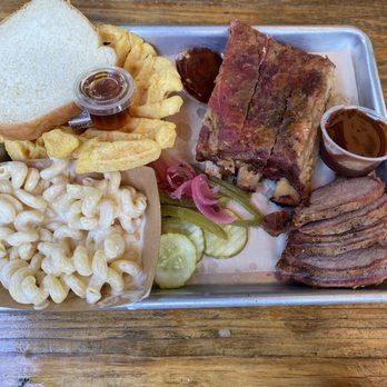 Scout's Honor BBQ - Sampler - two meets- ribs, tritip; corn bread waffle, mac & cheese. - Barbeque Near Me - Burbank, California Scout's Honor BBQ - Sampler - two meets- ribs, tritip; corn bread waffle, mac & cheese. - Barbeque Near Me - Burbank, California