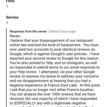 Francis Burger Joint - Brendens response and FALSE ALLEGATIONS to my review after receiving my email - Vegan Near Me - Minneapolis, Minnesota Francis Burger Joint - Brendens response and FALSE ALLEGATIONS to my review after receiving my email - Vegan Near Me - Minneapolis, Minnesota