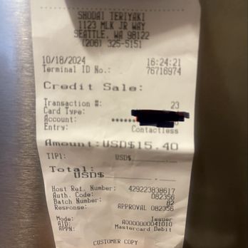 Shodai Teriyaki - The receipt from the day I went - Chinese Near Me - Seattle, Washington Shodai Teriyaki - The receipt from the day I went - Chinese Near Me - Seattle, Washington