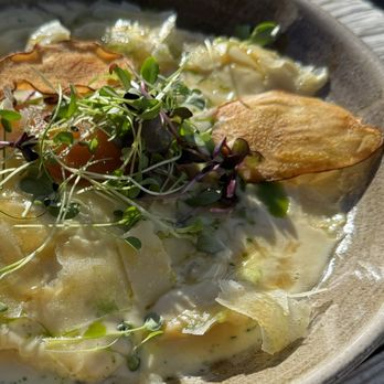 Restaurant Chez Vrony - My favorite, Goat Cheese Ravioli with dried pears!  Amazing!!! - Swiss Food Near Me - Zermatt, VS