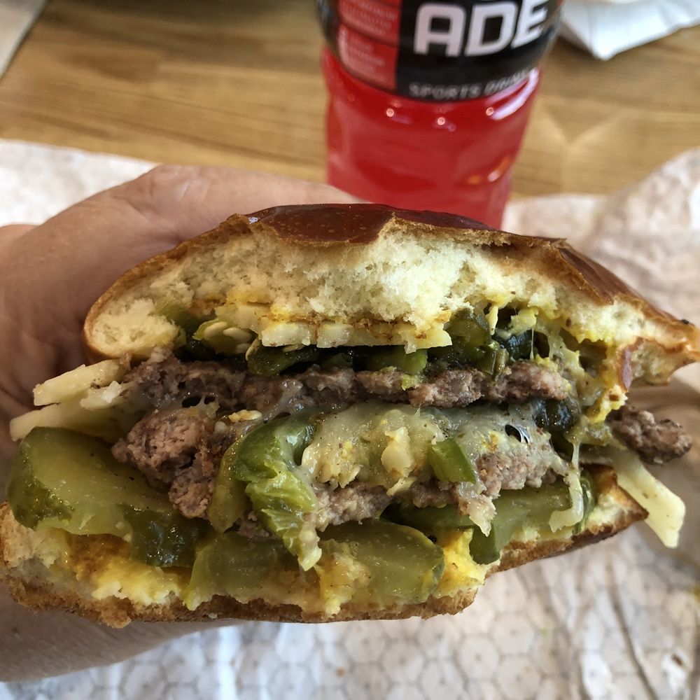 Sharks Burger - Double meat, bacon, pepper jack, cheeseburger with mustard, grilled jalapeños, and double pickles. I ate the bacon first :-) - Burgers Near Me - Leander, Texas Sharks Burger - Double meat, bacon, pepper jack, cheeseburger with mustard, grilled jalapeños, and double pickles. I ate the bacon first :-) - Burgers Near Me - Leander, Texas