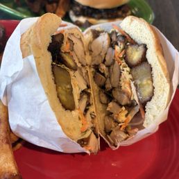 10 Hours Braised Pulled Beef Short Rib Sandwich with Pickled Vegetables Served with Fries or Salad