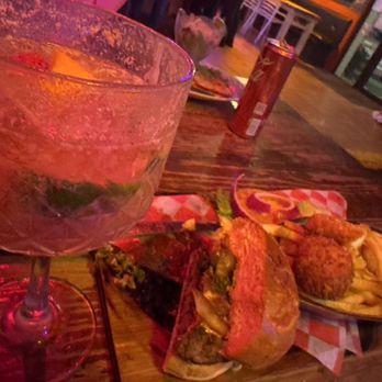 Res Al Fuego - Strawberry and coco mojito. I got the burger with churrasco and chimichuri. The burgers are 2 for $20.  Highly reccomended!!! - Barbeque Near Me - Hatillo, Puerto Rico