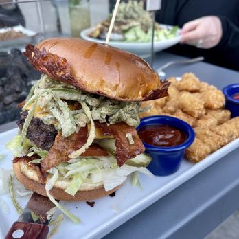 The Lab Collaborative - Burger with fried leeks, bacon and cheesy bun - New American Near Me - Oceanside, California The Lab Collaborative - Burger with fried leeks, bacon and cheesy bun - New American Near Me - Oceanside, California
