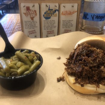 Mission BBQ - Memphis Pulled Pork with Green Beans...notice the sauce selection in the background - Barbeque Near Me - Chesapeake, Virginia Mission BBQ - Memphis Pulled Pork with Green Beans...notice the sauce selection in the background - Barbeque Near Me - Chesapeake, Virginia