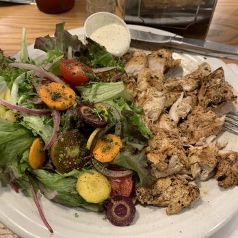 Beedos - House salad with grilled chicken chicken. Picture is post cutting of the chicken. It will come as strips. Also, ranch dressing-made on site. - American Near Me - Saint Helena Island, South Carolina Beedos - House salad with grilled chicken chicken. Picture is post cutting of the chicken. It will come as strips. Also, ranch dressing-made on site. - American Near Me - Saint Helena Island, South Carolina