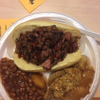Swine Dining BBQ - All in the Pool sandwich with a side of smoked beans and apple crisp/crumble. - Barbeque Near Me - Bellevue, Nebraska Swine Dining BBQ - All in the Pool sandwich with a side of smoked beans and apple crisp/crumble. - Barbeque Near Me - Bellevue, Nebraska