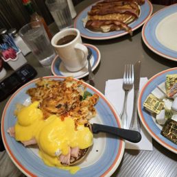 Eggs Benedict w smoked salmon and Pancakes w bacon Eggs Benedict w smoked salmon and Pancakes w bacon