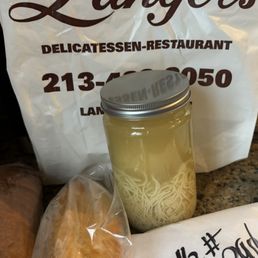 Chicken Soup (Broth) with Matzo Balls and Noodles - Quart Mason Jar, pastrami, and French roll