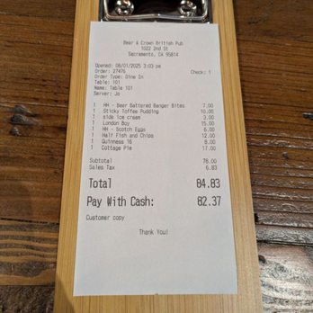 Bear & Crown - Receipt for everything we ordered. - Pubs Near Me - Sacramento, California