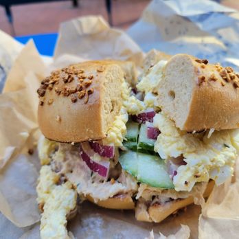 Boichik Bagels - Egg Salad, Tuna Salad, Red Onion, Cucumber on Garlic Bagel Daily Special - Bagels Near Me - San Francisco, California Boichik Bagels - Egg Salad, Tuna Salad, Red Onion, Cucumber on Garlic Bagel Daily Special - Bagels Near Me - San Francisco, California