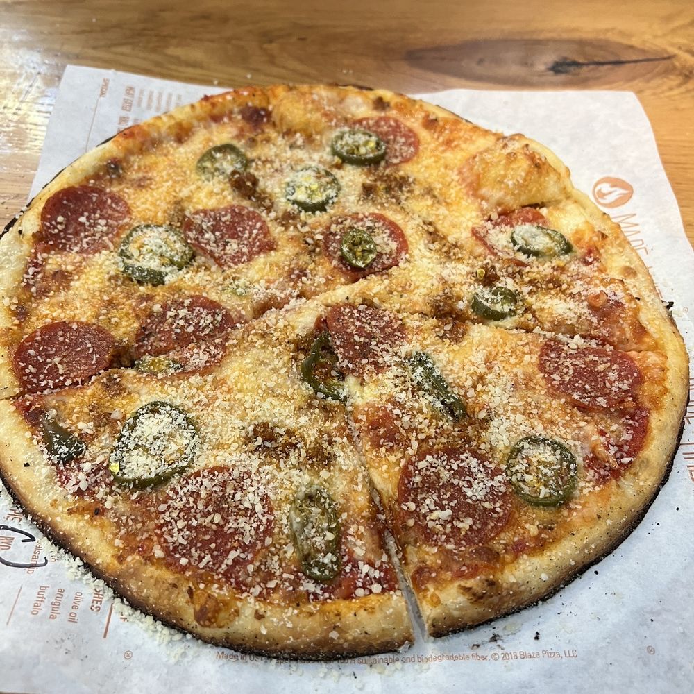 Blaze Pizza - Build Your Own Pizza (11-inch) Spicy Red Sauce, Pepperoni, Spicy Chorizo, and Jalapeños.  & Parmesan! - Salad Near Me - Orange, California