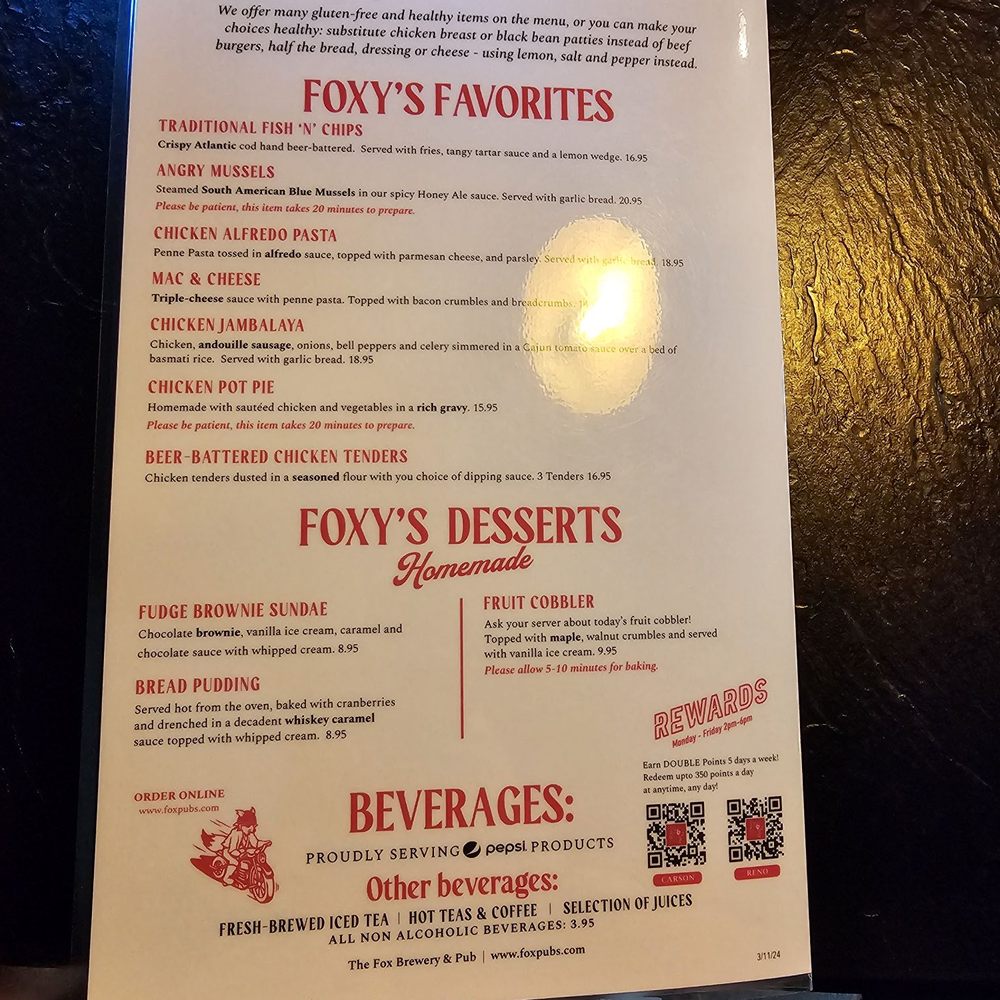 The Fox Restaurant & Brewery - Dessert menu - Brewpubs Near Me - Reno, Nevada