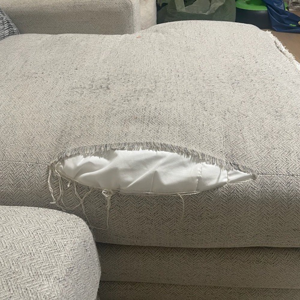 Living Spaces - Each photo show cases each and every cushion separating at the seam - Furniture Stores Near Me - Schertz, Texas