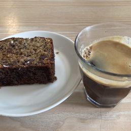 Chocolate coconut banana bread and Americano coffee. Chocolate coconut banana bread and Americano coffee.