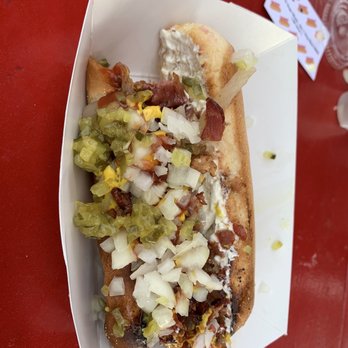 Dandy Dogs - Beef Hotdog with relish bacon cream cheese onions mustard and ketchup! Yum!!! - Hot Dogs Near Me - Bothell, Washington Dandy Dogs - Beef Hotdog with relish bacon cream cheese onions mustard and ketchup! Yum!!! - Hot Dogs Near Me - Bothell, Washington