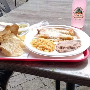 Los Arcos Mexican Grill - Beef Enchilada plate  with refined beans and chips/hot salsa. Jarritos guava drink. - Mexican Near Me - Truckee, California