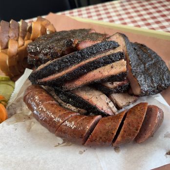 Goldee’s BBQ - We ended up ordering one classic sausage link, 1.5 lbs of brisket, 4 pork ribs, and 1/4 pound of pork belly. - Barbeque Near Me - Fort Worth, Texas