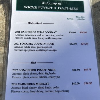 Roche Winery & Vineyards - Wine tasting menu - Wineries Near Me - Sonoma, California
