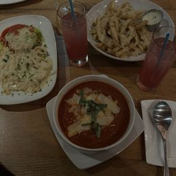Chicken parm, tomato basil soup, truffle fries, handmade soda- berry and vanilla