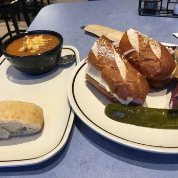 Corner Bakery Cafe - Ham and Swiss on pretzel bread and a cup of tortilla soup. - Breakfast & Brunch Near Me - Hillsboro, Oregon Corner Bakery Cafe - Ham and Swiss on pretzel bread and a cup of tortilla soup. - Breakfast & Brunch Near Me - Hillsboro, Oregon