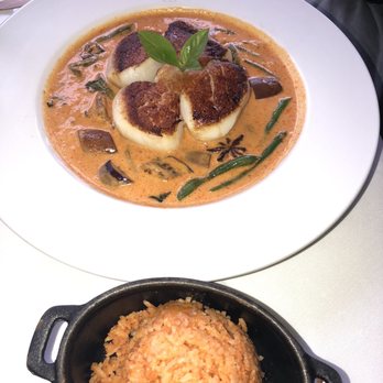 Nan Thai Fine Dining - SIAM RUBY Pan-seared jumbo sea scallops with Thai red curry, bamboo shoots, eggplant, Thai basil, green beans, and pumpkin red curry rice - Thai Near Me - Atlanta, Georgia Nan Thai Fine Dining - SIAM RUBY Pan-seared jumbo sea scallops with Thai red curry, bamboo shoots, eggplant, Thai basil, green beans, and pumpkin red curry rice - Thai Near Me - Atlanta, Georgia