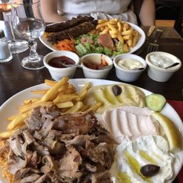 Adana kebab in back, Mediterranean in front Adana kebab in back, Mediterranean in front