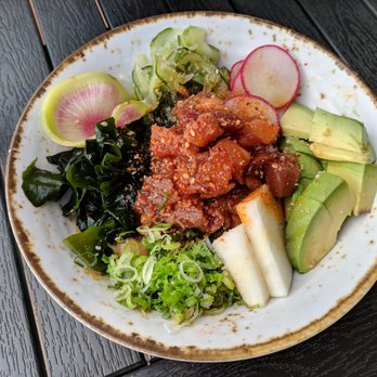 Momonoki - Poke. Wild bluefin tuna, salmon, yellowtail, avocado, scallions, pickled daikon, house chili soy. Chopped pickles, ginger, kanpyo. $14. - Cafes Near Me - Atlanta, Georgia