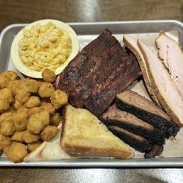 3 Dinner Three Meat Combo: ribs, brisket, turkey w/ mac & okra