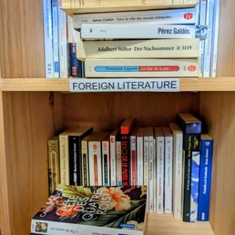 Narrow bookcase with foreign language books. Narrow bookcase with foreign language books.