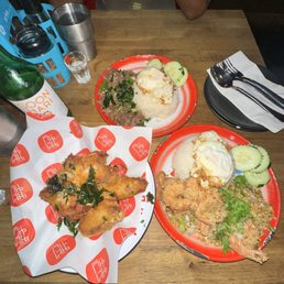 Tom Yum Wings, Basil Beef [Kra Prao Neua], Fried Garlic Pepper Shrimp