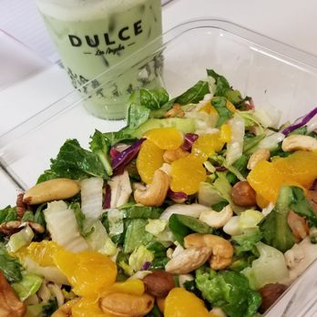 Cafe Dulce - Asian Chicken Salad $9.50 & Blueberry Matcha Latte $4.95, pretty good salad for lunch. - Coffee & Tea Near Me - Los Angeles, California