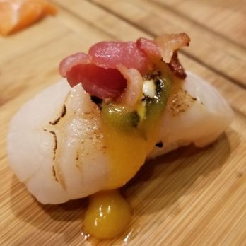 Tang's Sushi - Hotate w/ bacon and mango puree - Sushi Bars Near Me - Roseville, California Tang's Sushi - Hotate w/ bacon and mango puree - Sushi Bars Near Me - Roseville, California