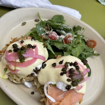 Snooze, an A.M. Eatery - Lox Benedict with side arugula salad - Breakfast & Brunch Near Me - Orange, California Snooze, an A.M. Eatery - Lox Benedict with side arugula salad - Breakfast & Brunch Near Me - Orange, California