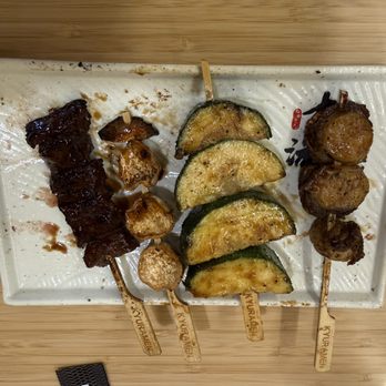 Super Kyuramen - Yakitori (Gyu Harami, Eringi, Zucchini, Baby Scallop) - Izakaya Near Me - Herndon, Virginia Super Kyuramen - Yakitori (Gyu Harami, Eringi, Zucchini, Baby Scallop) - Izakaya Near Me - Herndon, Virginia