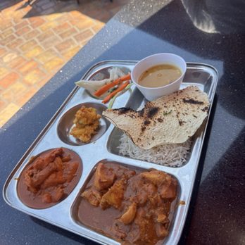 Bhojan Griha - Lunch Special, Chicken Tikka Masala, Murghu Chicken, Papad, Lentil Soup, Cucumber & Potato Salad, Vegetable - Indian Near Me - San Diego, California