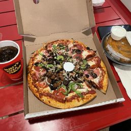 Rusty's special, with no anchovies, 8 wings and a small soda.  Good eating on a rainy night :)