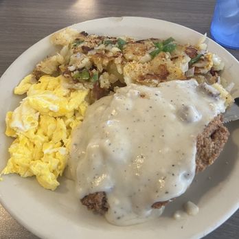 Alice's Restaurant - Chicken fried steak with scrambled eggs and bell pepper onion potatoes - Breakfast & Brunch Near Me - San Bernardino, California