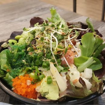 Ahipoki - Small size half brown rice half salad. Salmon with sweet circuit sauce and with every toppings! - Seafood Near Me - Temple City, California