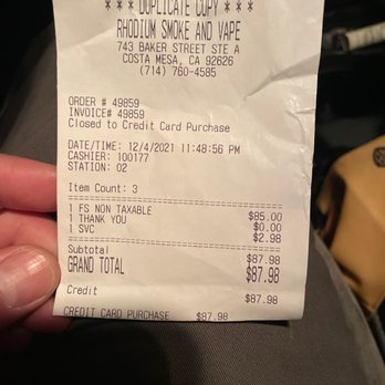 Rhodium Smoke & Vape - Proof of purchase and yet couldn't provide me with a receipt of refund for some odd reason... - Tobacco Shops Near Me - Costa Mesa, California Rhodium Smoke & Vape - Proof of purchase and yet couldn't provide me with a receipt of refund for some odd reason... - Tobacco Shops Near Me - Costa Mesa, California