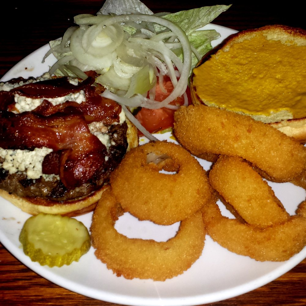 The Village Squire - Bacon blue burger with rings - Pizza Near Me - West Dundee, Illinois The Village Squire - Bacon blue burger with rings - Pizza Near Me - West Dundee, Illinois