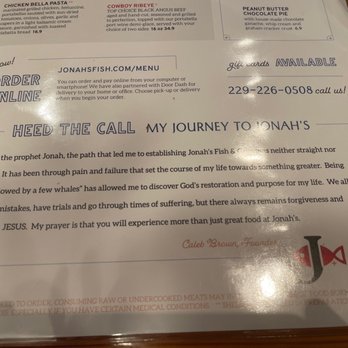 Jonah's Fish & Grits - Founders Message on the Menu! Love this!! - Seafood Near Me - Thomasville, Georgia Jonah's Fish & Grits - Founders Message on the Menu! Love this!! - Seafood Near Me - Thomasville, Georgia