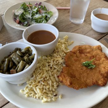 Eve's Cafe - Schnitzle with brown gravy, spatzle, and green beans - German Near Me - Lampasas, Texas Eve's Cafe - Schnitzle with brown gravy, spatzle, and green beans - German Near Me - Lampasas, Texas