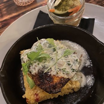The Floridian - Cornbread stack with mahi mahi - Southern Near Me - Saint Augustine, Florida The Floridian - Cornbread stack with mahi mahi - Southern Near Me - Saint Augustine, Florida