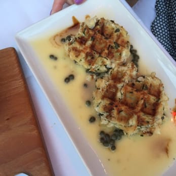 Bistro 821 - Crab cakes prepared using waffle iron. The butter sauce with capers was fantastic too. - Seafood Near Me - Naples, Florida Bistro 821 - Crab cakes prepared using waffle iron. The butter sauce with capers was fantastic too. - Seafood Near Me - Naples, Florida