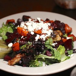 Prairie Moon - Roasted Vegetable Salad ($15.95) - mixed greens, butternut squash, Brussels sprouts, beets, goat cheese, pepitas, basil vinagrette