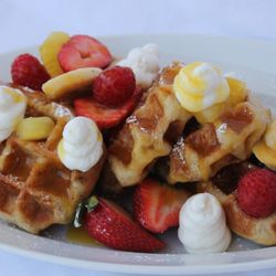 Mini "Lilikoi Cheesecake" Liège Waffles w/ fresh fruit for catering!